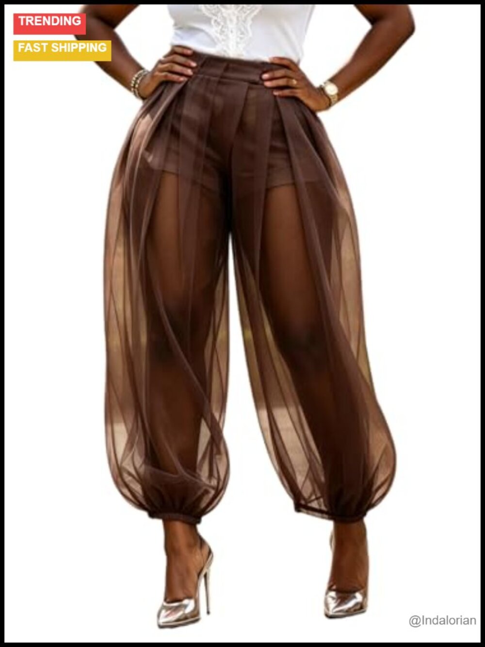 Sheer Tulle Mesh Balloon Pants High Waist Pleated Wide Leg Palazzo